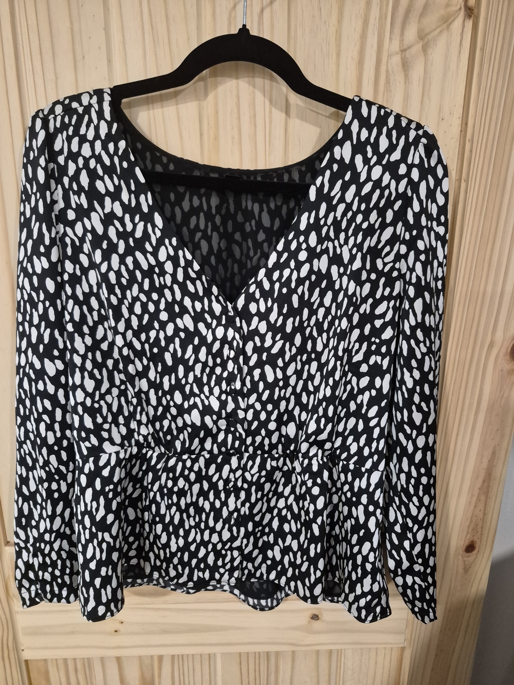 J. Crew Black and White Abstract V-Neck Peplum Blouse